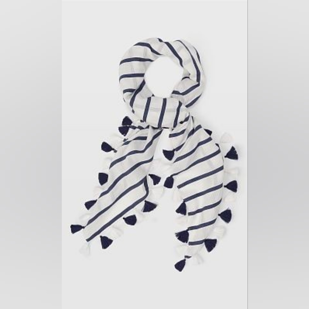 Club Monaco Women's Klarisza Cotton Scarf, White with Blue Stripes.   V-GRK